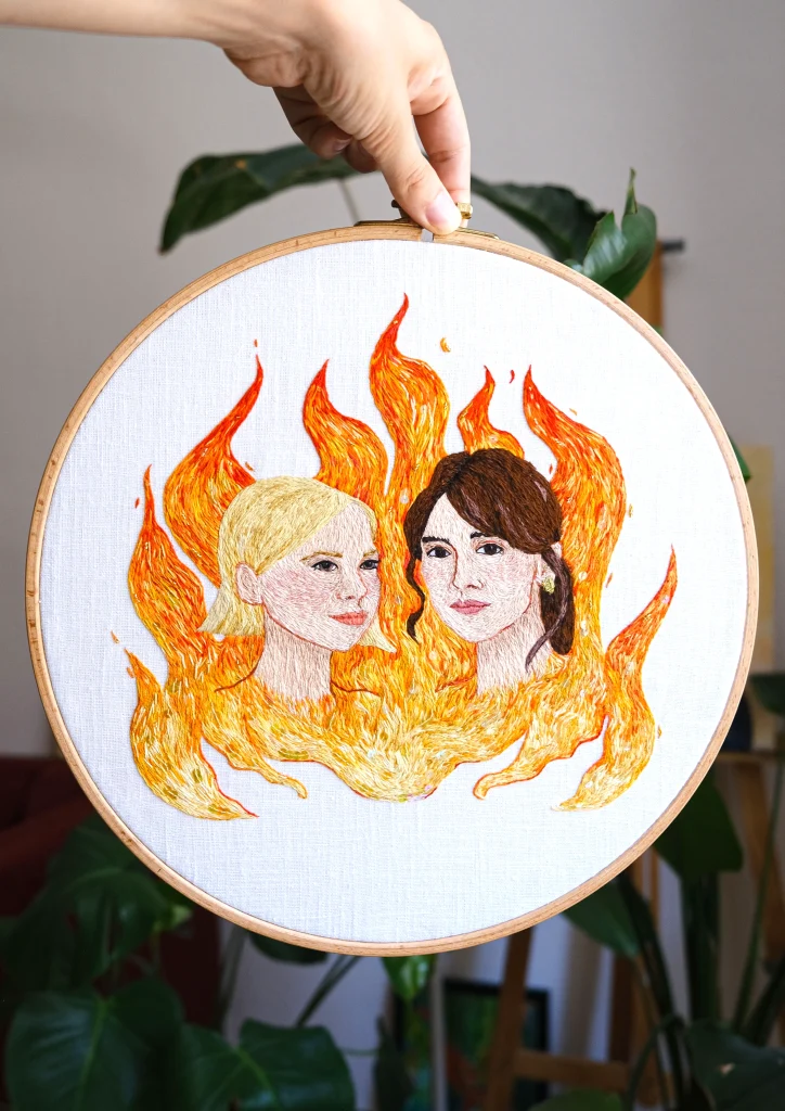 custom portrait embroidery in flames