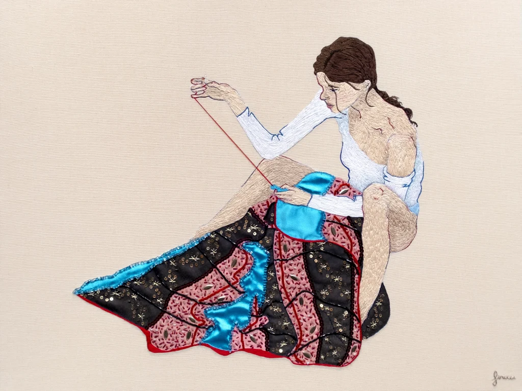 Embroidery artwork of a lady mending a cover