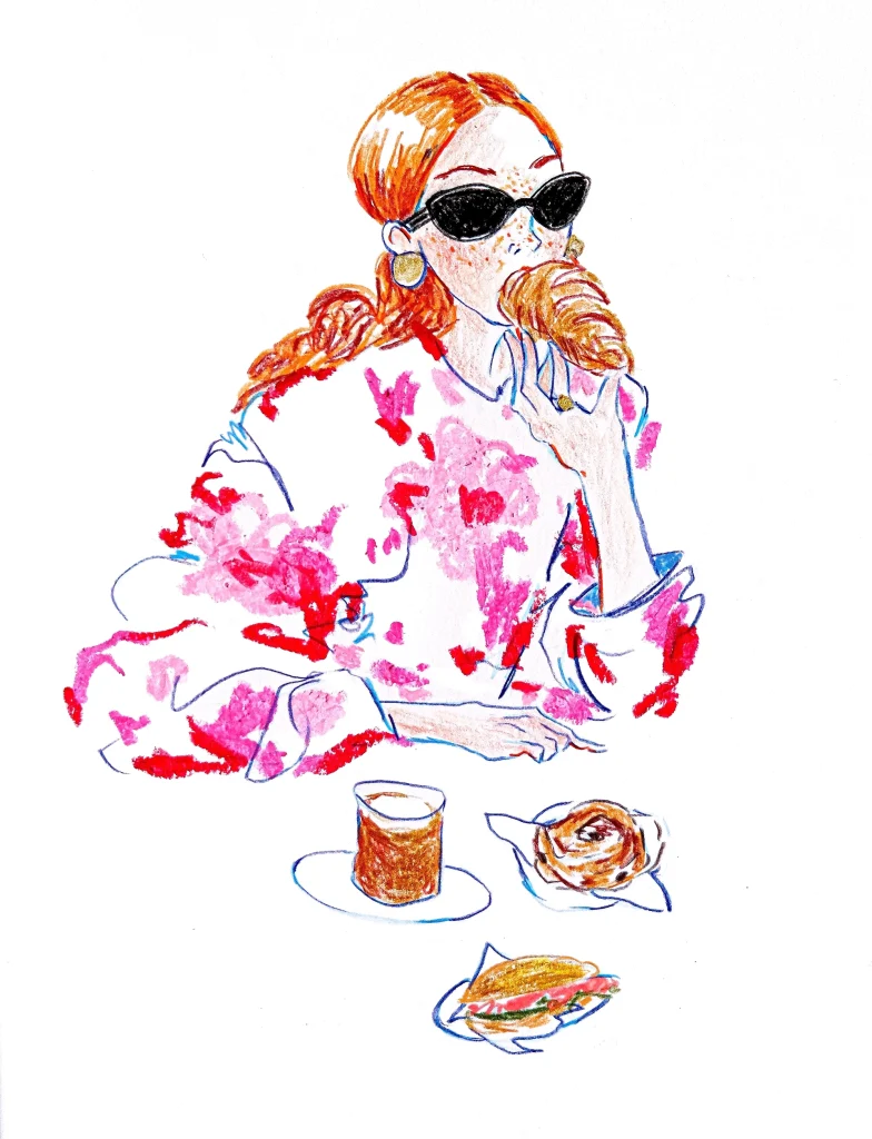 woman eating a croissant fashion illustration Paris
