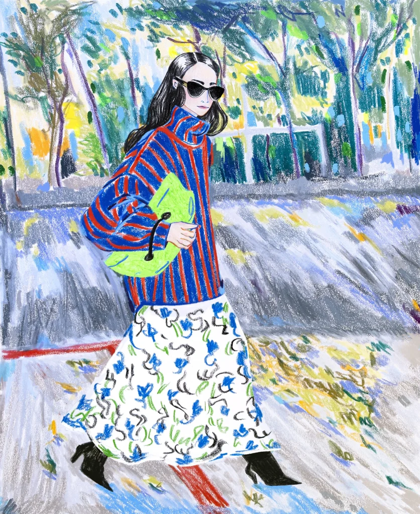 fashion illustration, street style illustration of a woman walking down the street during fashion week